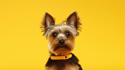Close-up of joyful Yorkshire Terrier on clean yellow backdrop.