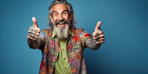 A happy hipster and cool grandfather, original style and tattoos, wearing headphones enjoying music, pointing his fingers up. Active and fun lifestyle concept for seniors, Sunset of life in colors