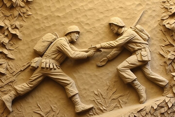 Brotherhood in Arms: Relief Sculpture of Soldiers Assisting Each Other