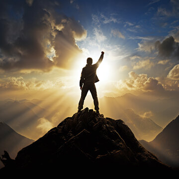 silhouette of a person on the top of mountain rising his fist as gesture for success