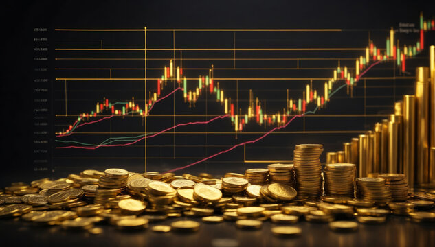 Many gold coins in front of a stock market chart.
