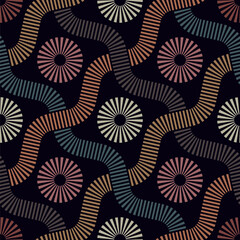 Geometric composition with diagonal wavy lines and intersecting dashed circles on a black background. Multicolor retro design. Striped graphic texture. Seamless repeating pattern. Vector illustration.