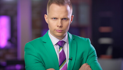 Naklejka premium Confident young businessman in full suit looking at camera outdoors generated by AI