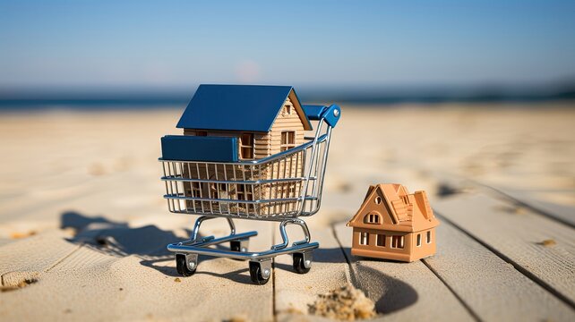 House building buying concept with shopping cart and toy house