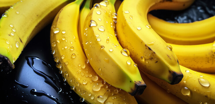 Fresh bananas fruit, with water drops over it, closeup macro detail. Generative AI