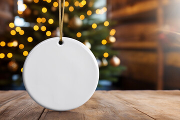 Fototapeta na wymiar A white round ceramic Christmas ornament. Festive decoration for mockup. Blurred green tree with lights in the background.
