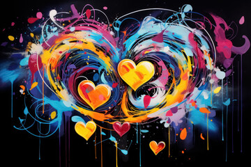 Artwork of a heart in abstract modern style on black background, featuring vibrant hues, fluid lines and playful paint splashes, evoking an energetic and lively atmosphere