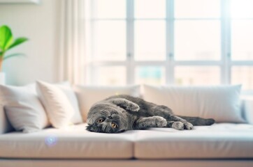 Funny cute cat lying on sofa at home