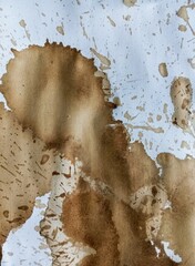 Abstract coffee grunge background. Brown coffee stains on white paper with copy space. Dirty paper with coffee drops. 