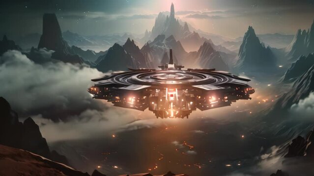 A spaceship on an alien planet. Fantastic scene of a space city
