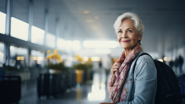 Graceful senior woman at an airport, her bright smile and chic style convey excitement for the upcoming travels and new experiences