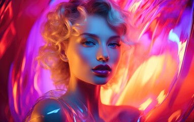 Fashion model woman in colorful bright neon lights posing in studio through transparent film