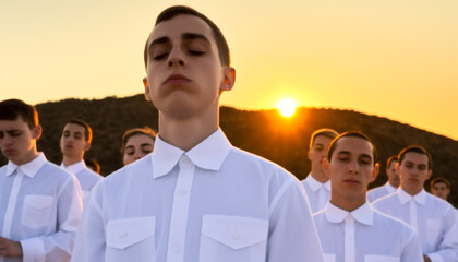 A group of young men standing in nature, smiling at sunset generated by AI