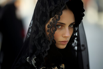 Portrait of young beautiful woman wearing traditional dress during church procession in Spanish city street - obrazy, fototapety, plakaty