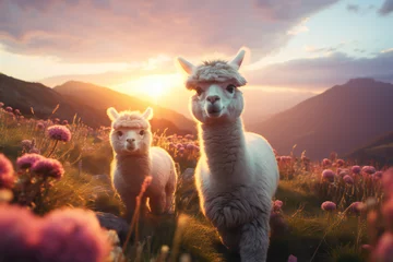 Deurstickers lama, cute fluffy alpaca in the mountains at sunset © Oleksandra