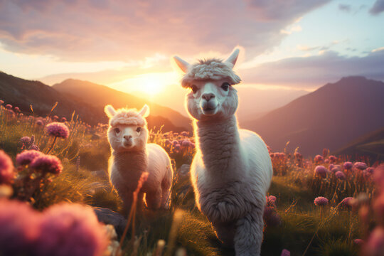lama, cute fluffy alpaca in the mountains at sunset