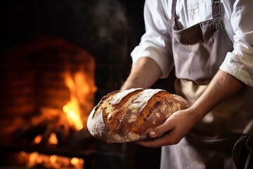 Baker places hot fresh bread from the oven on a wooden deck table. On a wooden table sprinkle with flour. Firewood is burning at the fireplace. Concept suitable for meals and breakfast.