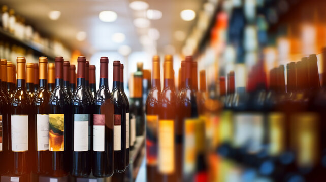 wine bottles in the row on the shelves