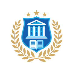 Education badge logo design. University high school emblem. College academy emblem. Library symbol. Laurel wreath. - 681222929