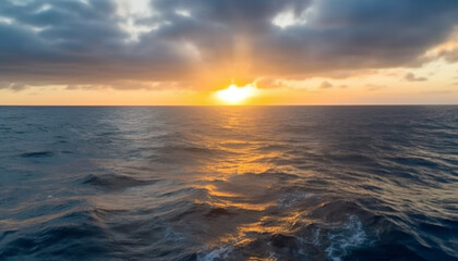 Obraz premium Sunset over water, tranquil scene, beauty in nature colors generated by AI