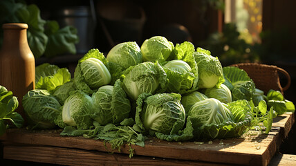 green organic cabbage in a wooden box on a farm, close up