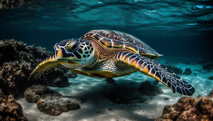 Fototapeta premium Underwater turtle swimming in blue sea, surrounded by colorful reef generated by AI