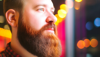 One young adult man with beard smiling outdoors at night generated by AI