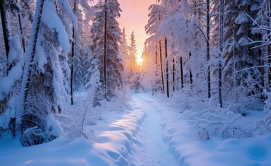 Scenic forest along a snow covered path in the winter season