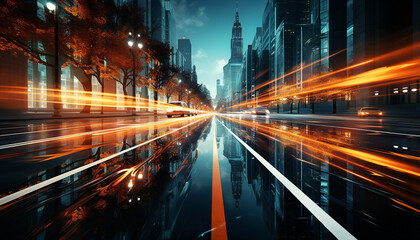 Fototapeta na wymiar City lights ignite the night, traffic rushes through the vibrant skyline generated by AI