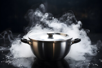 Steamy Stainless Steel Cooking Pot on Black Background