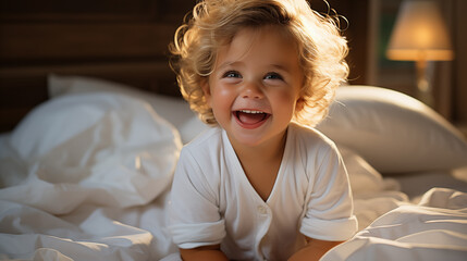 Fototapeta premium A bright-eyed toddler with curly hair beams a joyful smile in a sunlit bedroom, with a cuddly teddy bear in the background, capturing the innocence and happiness of childhood