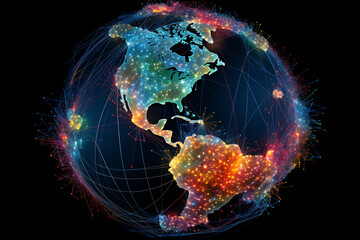 illustration of Earth, viewed from space, with a network of glowing digital lines symbolizing the reach of technology