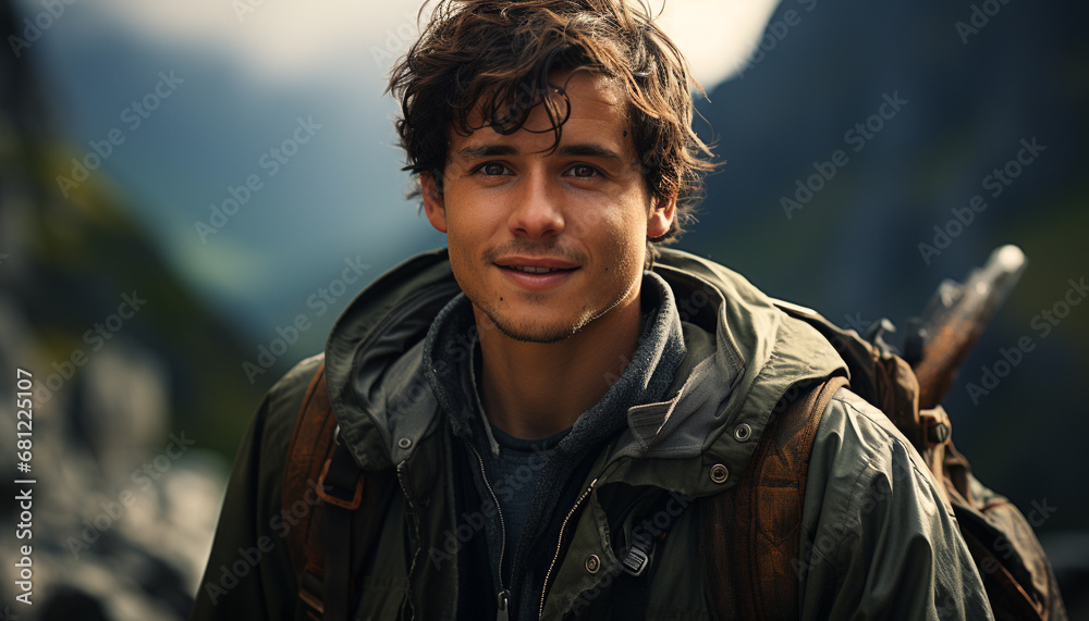 Poster Young adult Caucasian man hiking in the mountains, smiling confidently generated by AI