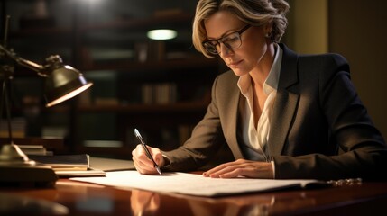 A woman sitting at a desk writing on a piece of paper. Generative AI.