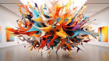 A sculpture made of colorful paper cranes in a museum. Generative AI.