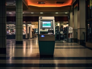 An atm machine in a mall with people in the background. Generative AI.