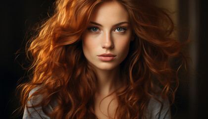 Naklejka premium Beautiful woman with long brown hair looking at camera sensually generated by AI