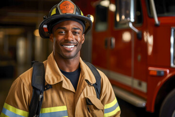 Portrait of a confident African American male firefighter standing in front of the fire truck in his uniform ready to take action