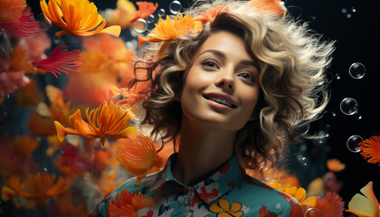 A cheerful young woman, smiling, surrounded by autumn nature generated by AI