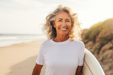 Middle-aged woman holding a surfboard on a beach, radiating vitality, optimism, health, and well-being, aging gracefully and embracing active lifestyle - obrazy, fototapety, plakaty
