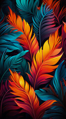 Colorful tropical leaves in neon color on a dark background.