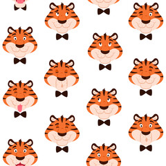 Colorful tiger seamless pattern. Cute cartoon striped animal character head in bow tie for kids decoration design. Beautiful wrapping paper fabric background repeat tile. Creative vector illustration.