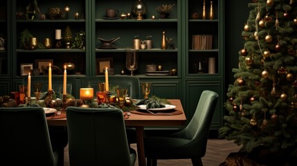 Warm and inviting dining room interior with green tablecloth, decorated Christmas tree, a wreath, candles, and tablesetting with glassware, gifts. Christmas holiday atmosphere