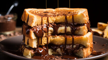 Nutella-Stuffed French Toast with Maple Syrup. - obrazy, fototapety, plakaty