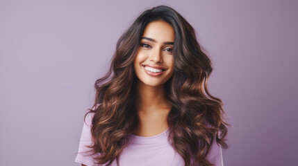 Fototapeta premium Portrait of a beautiful young girl with long hair, smiling against a lilac background. This picture captures the joy, youth, and beauty in a unique moment.