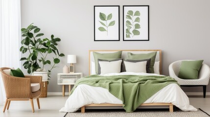 Cozy bedroom natural style interior design, bed with white and green bedding, rattan armchair, plants posters, wooden bench, soft plaid - obrazy, fototapety, plakaty