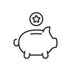 Obraz premium Piggy bank, linear icon, and point coin, save points. Line with editable stroke