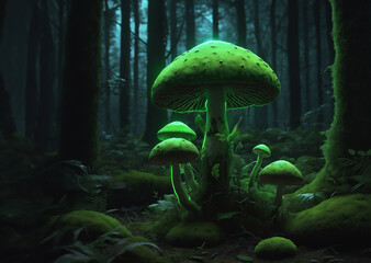 Mossy forest with a close-up of a green glowing mushroom