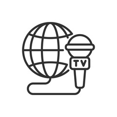 World news, microphone and globe, linear icon. Line with editable stroke