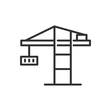 Cargo crane with container, linear icon. Line with editable stroke